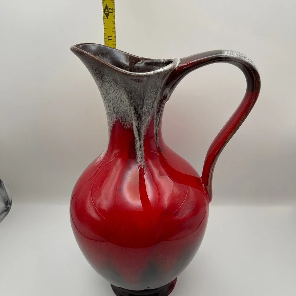 Vintage MCM Red Drip Glaze Ceramic Pitcher Vase Mid-Century Modern Pottery 11.5